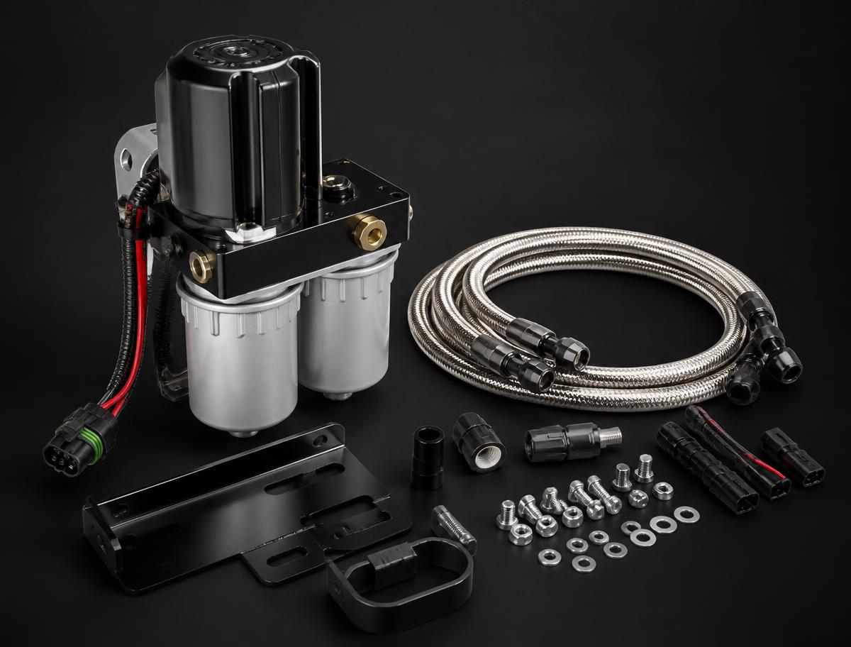 FASS Fuel Systems diesel lift pump with filters, braided fuel lines and mounting hardware
