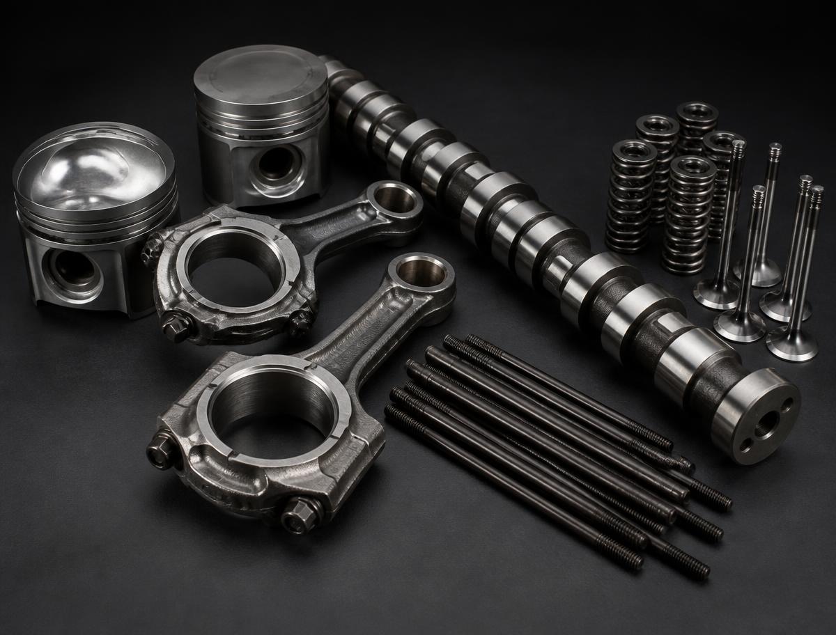 Diesel engine internals including forged pistons, connecting rods, camshaft, valve springs and head studs