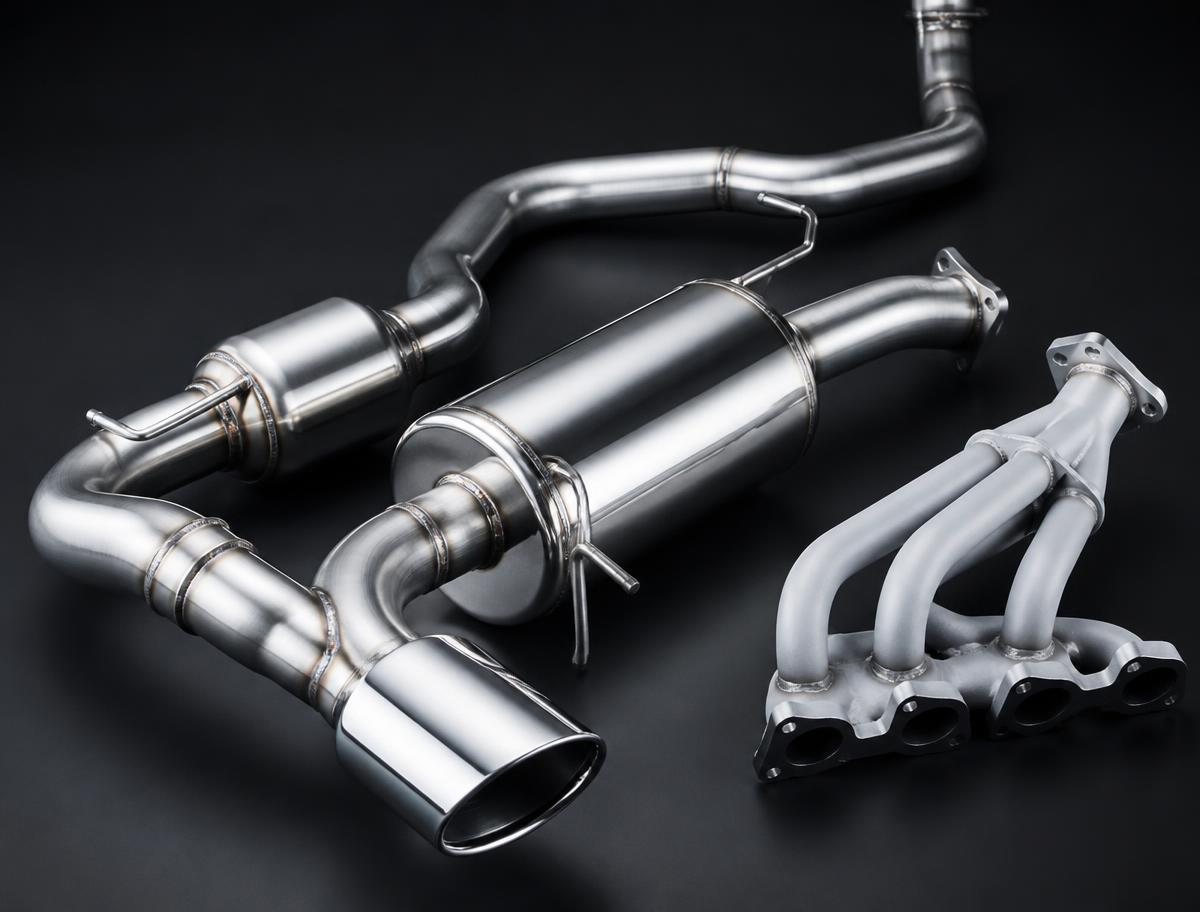 Polished stainless diesel exhaust system with downpipe, muffler, exhaust tip and manifold