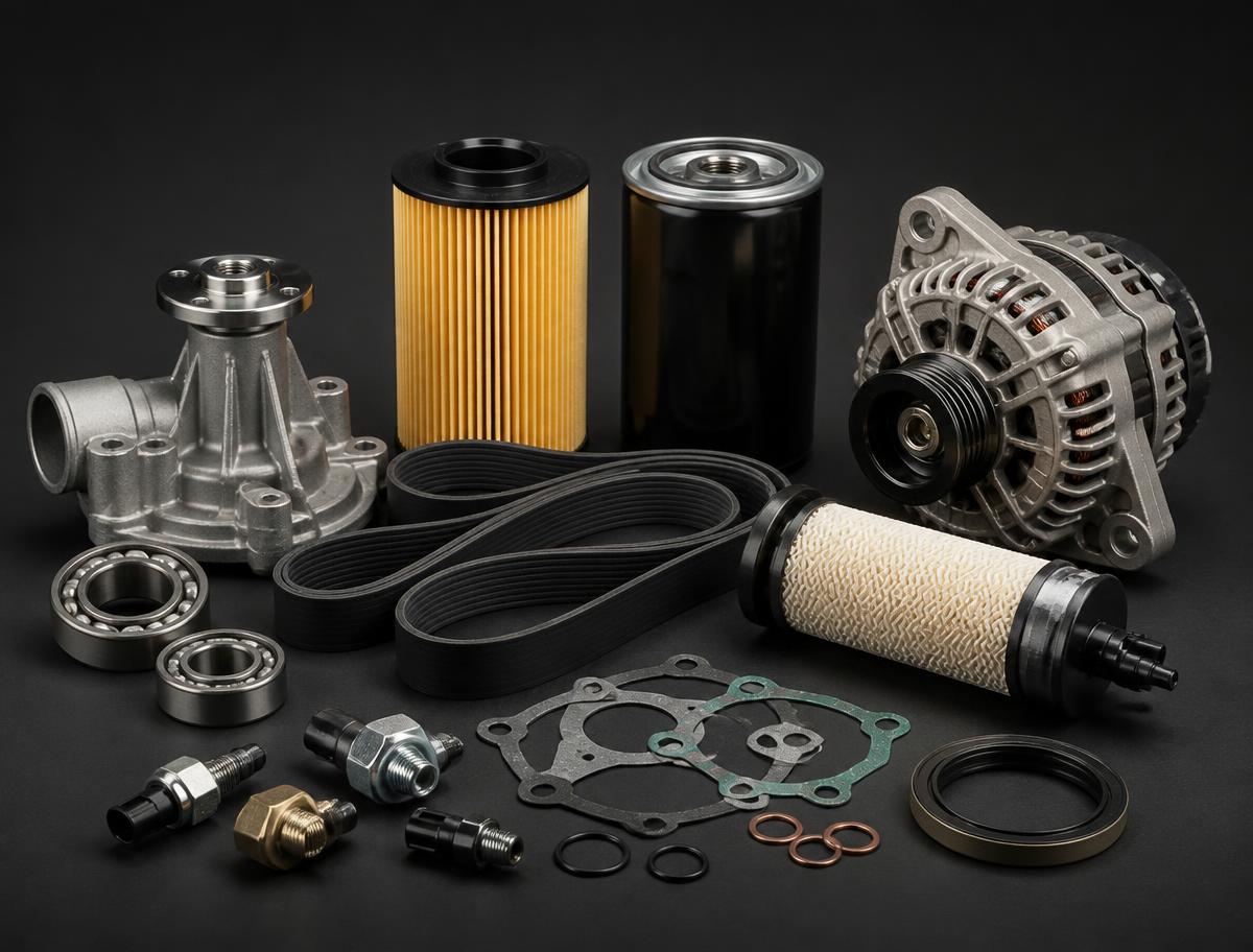 Diesel maintenance and replacement parts including oil and fuel filters, belt, water pump, alternator, sensors and gaskets