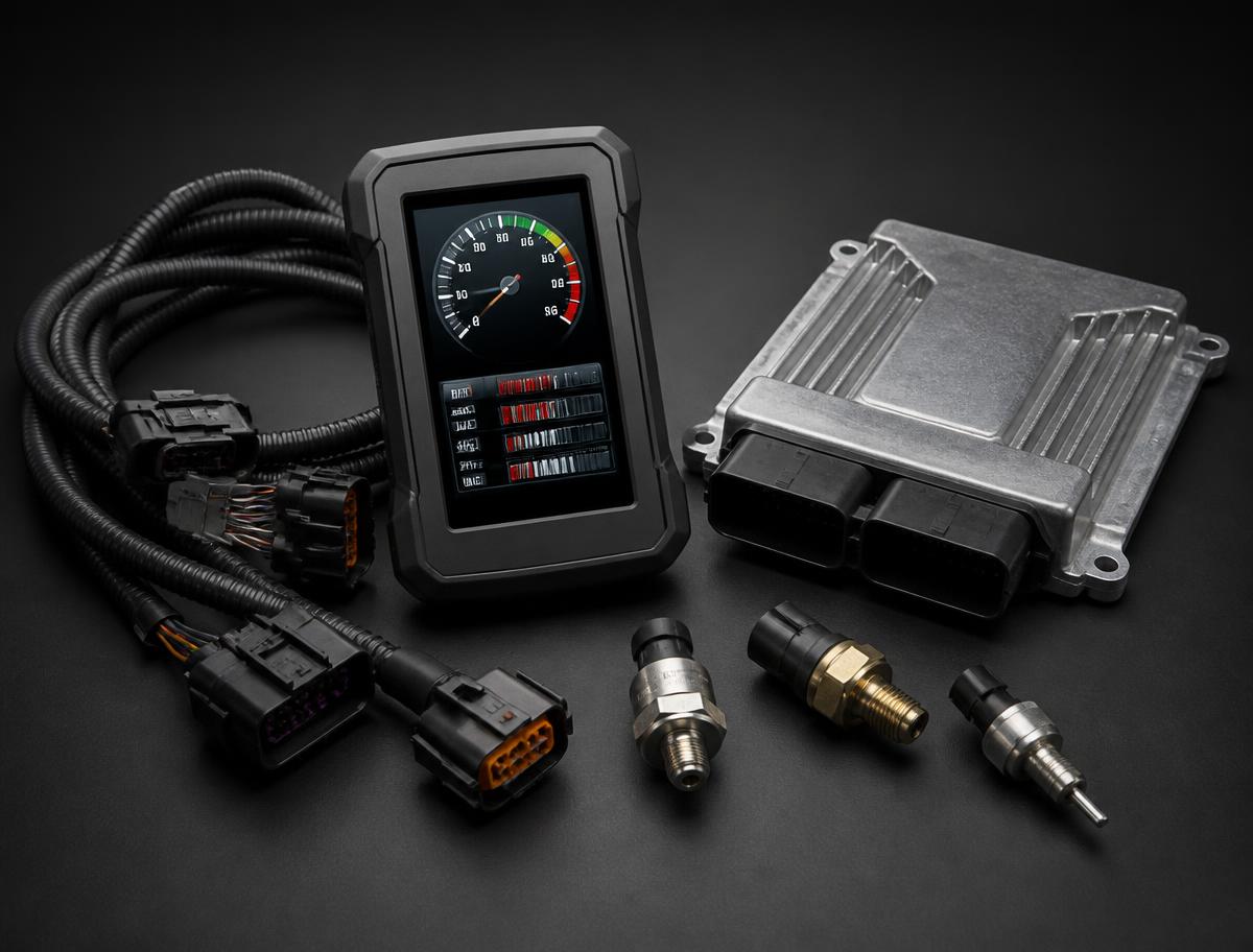 Diesel tuner with color monitor display, ECU module, wiring harness and sensors
