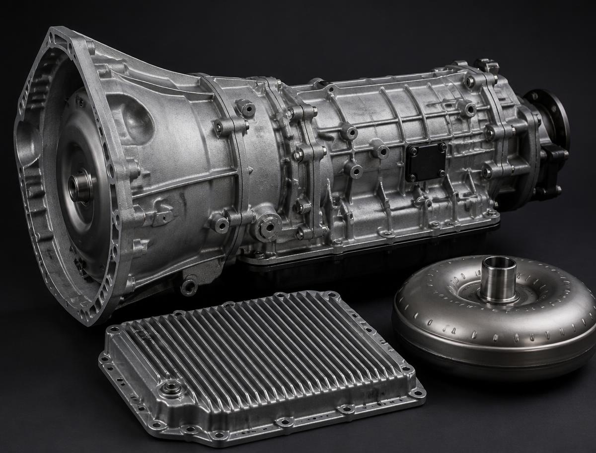 Built heavy-duty diesel automatic transmission with billet torque converter and finned aluminum pan
