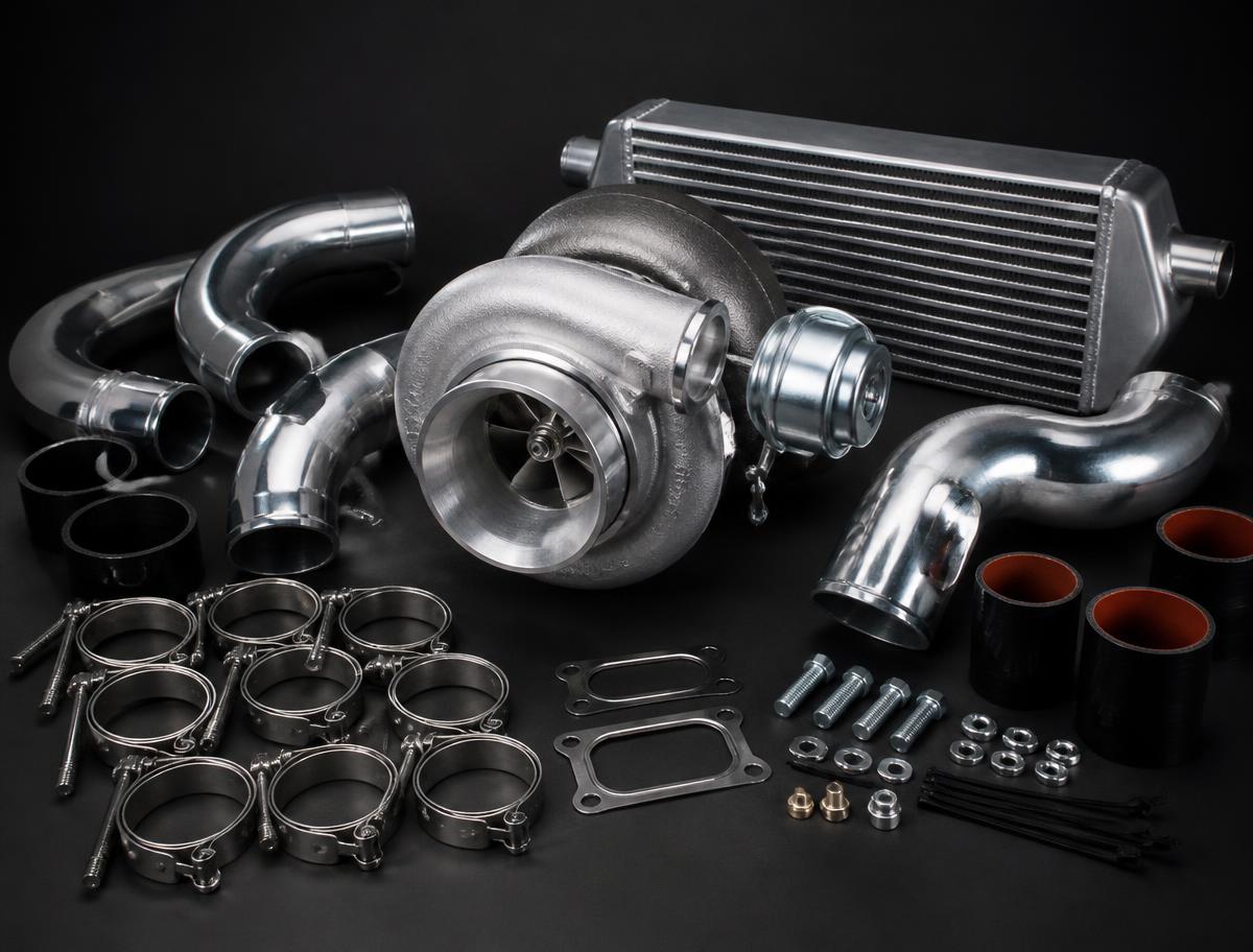 Complete diesel turbo kit with turbocharger, intercooler, charge piping, couplers and clamps